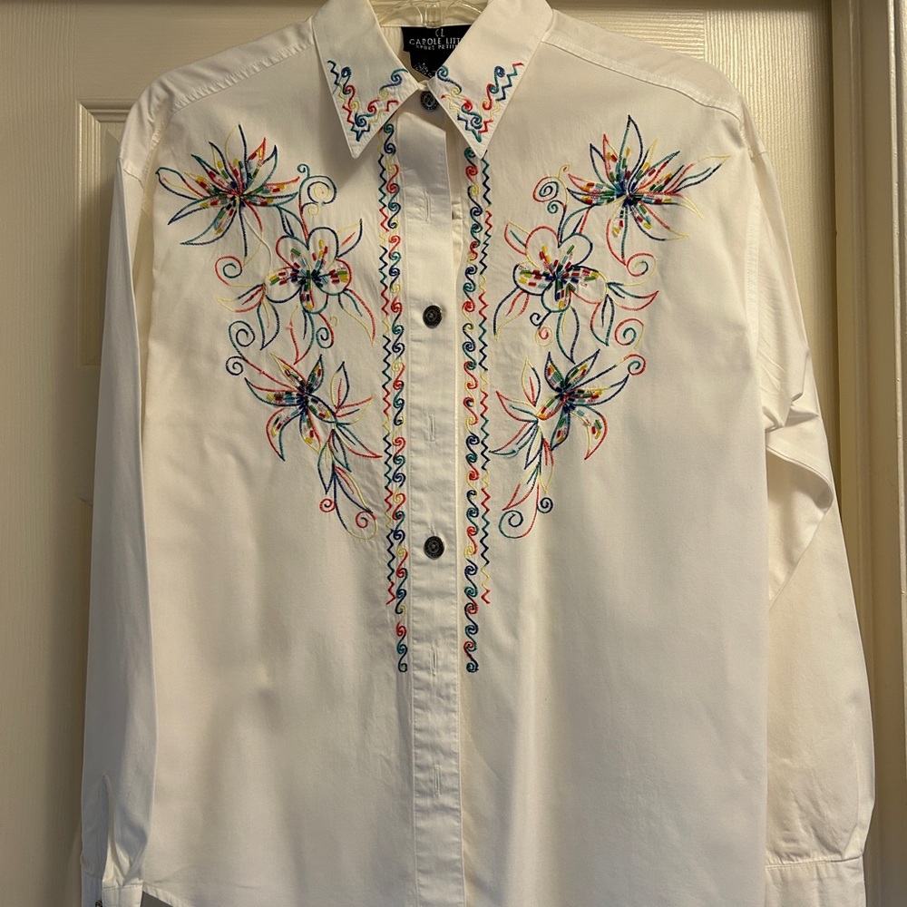 Carole Little White Shirt with Multicolor Embroidery